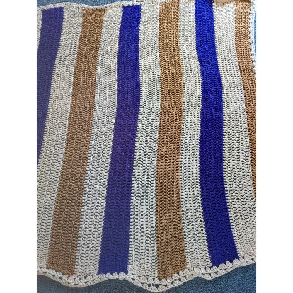 Vintage Hand Crocheted Striped Throw Blanket Purple Taupe Cream  Afghan Cozy